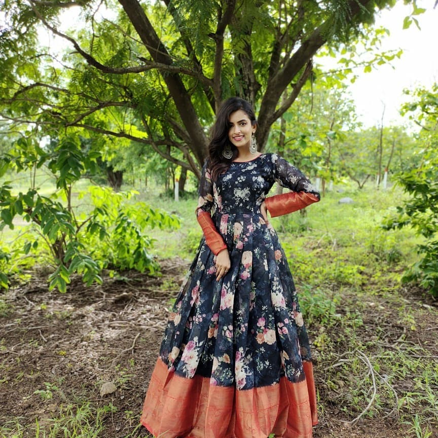 Gown : Navy blue georgette flower print and embroidered party ...